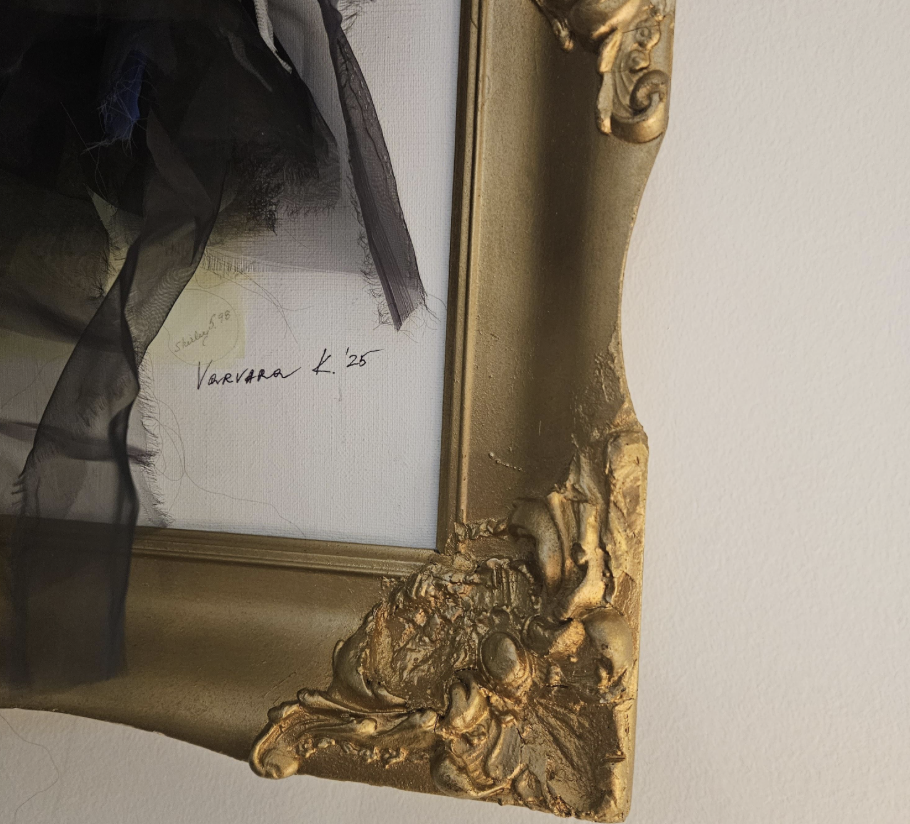 Lower corner detail showing Varvara's front signature and the rebuilt, textured gilded frame corner
